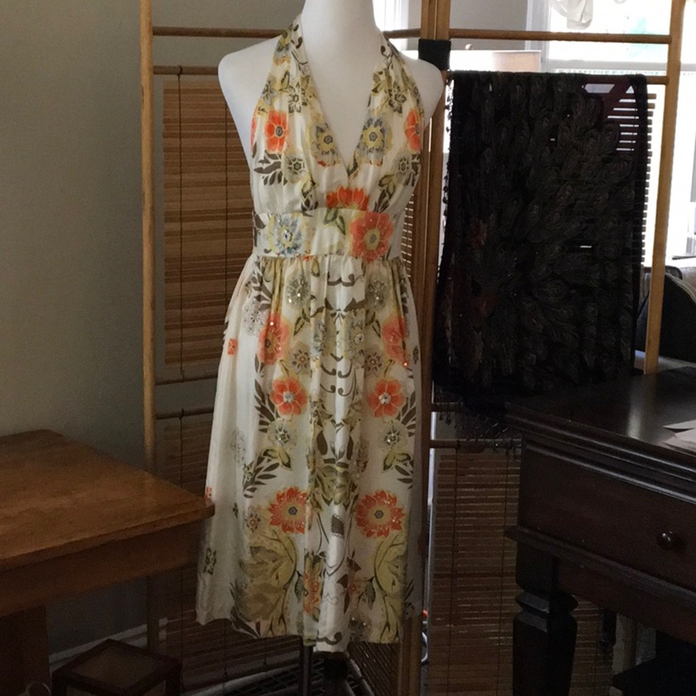 Suzi Chin Designer Silk Sequin Summer Halter Dress Maggy Boutique Beaded Size 10